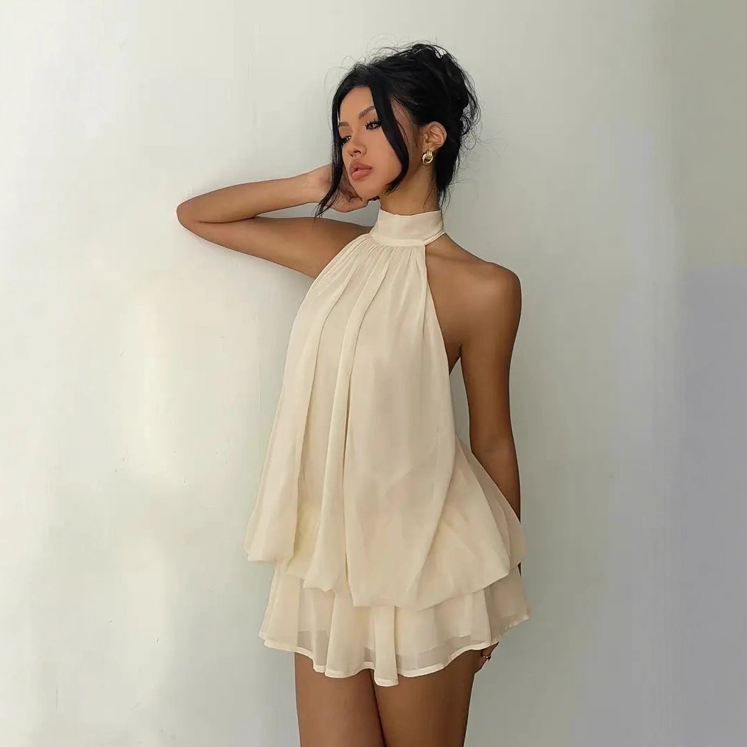 Backless Halter Neck Tiered Mini Dress - Chiffon Vacation Dress