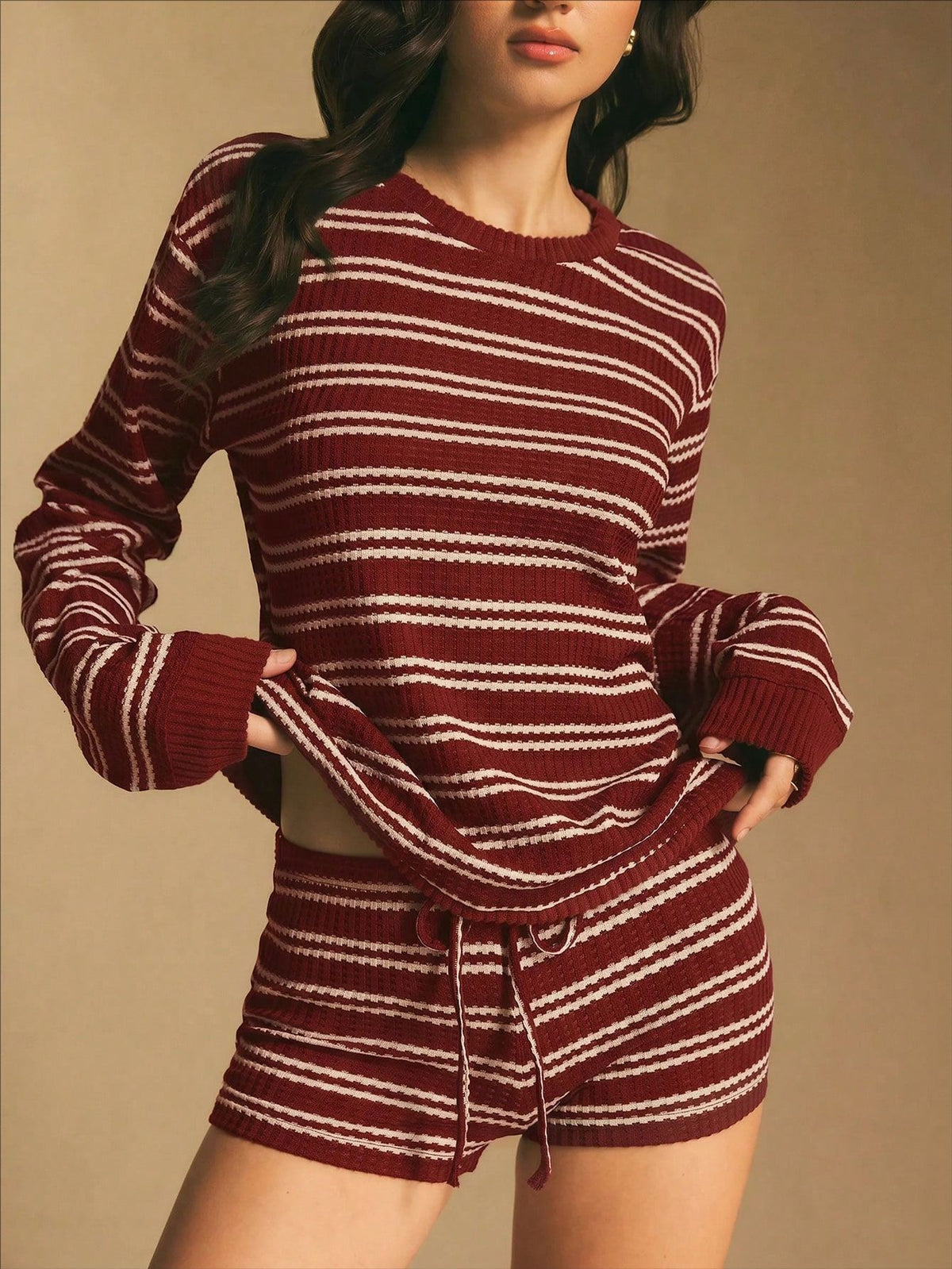 Striped Long-Sleeve Top and Shorts Set - Drawstring Waist Detail