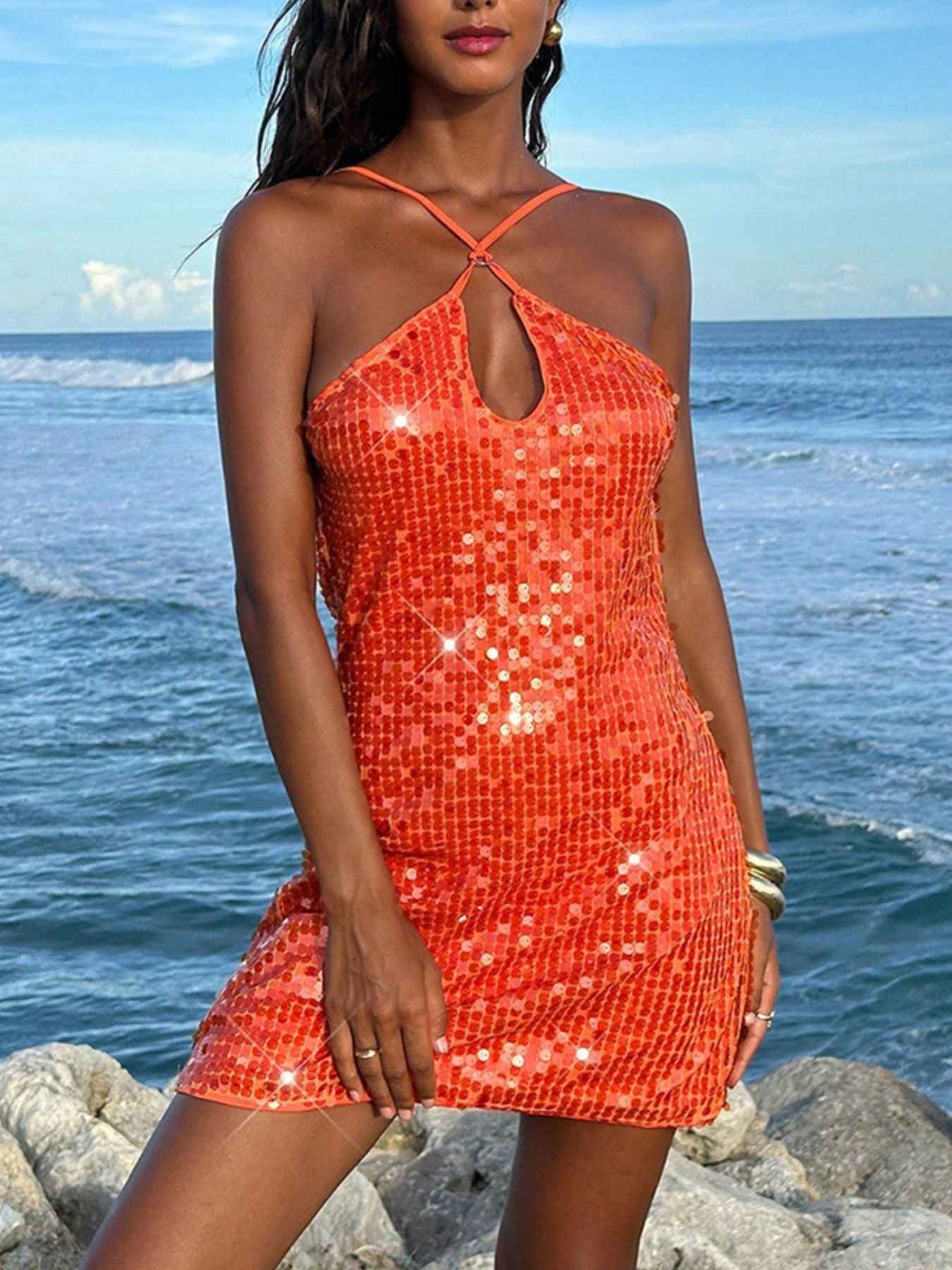 Orange Sequin Keyhole Halter Mini Dress - Crossover Strap Open Back
