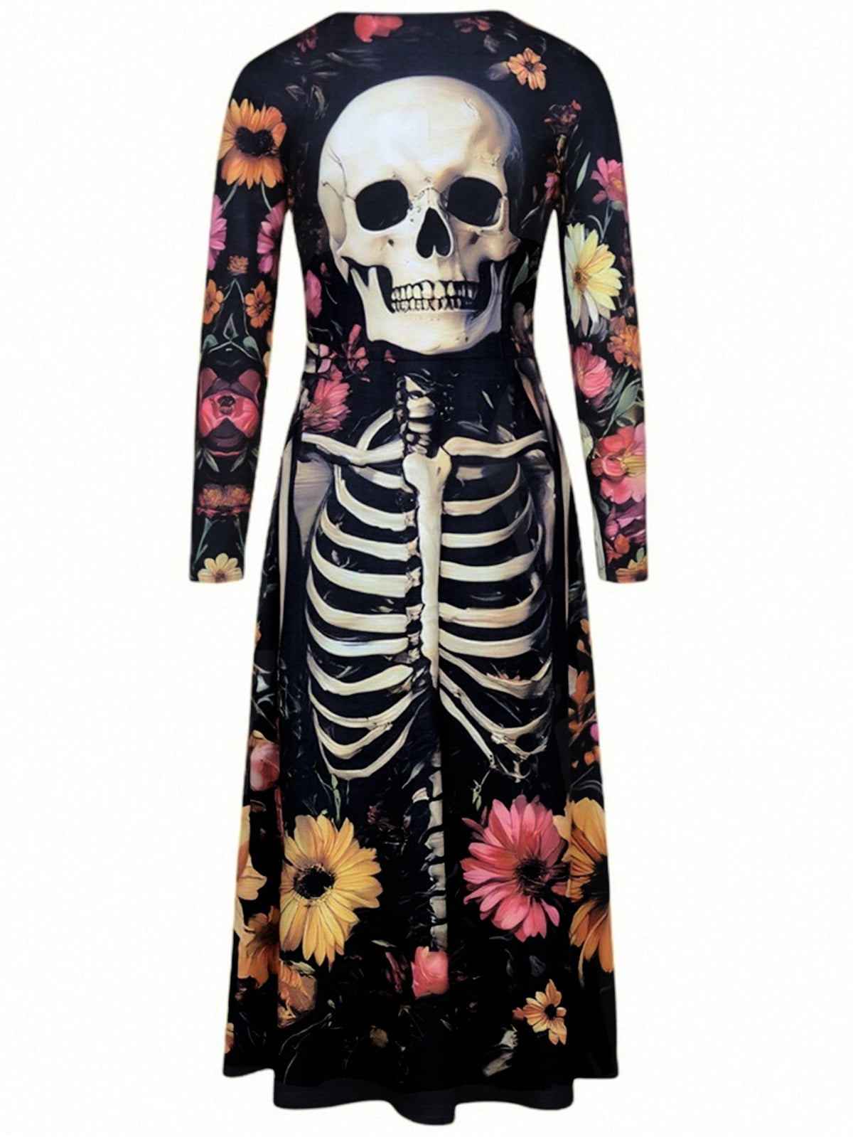 Black long-sleeve midi dress with large skull and multicolor floral print