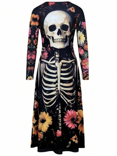 Black long-sleeve midi dress with large skull and multicolor floral print