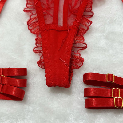 Red sheer lace garter belt straps with ruffled edges and adjustable hook closures