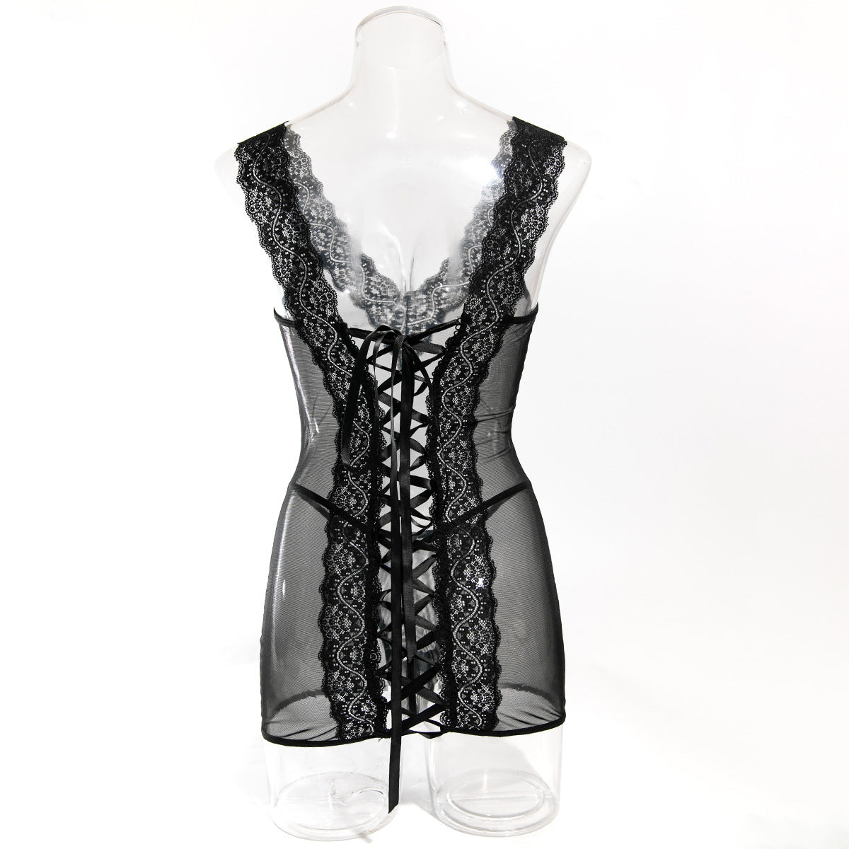 Black lace-trim mesh chemise with lace-up back and scalloped neckline trim
