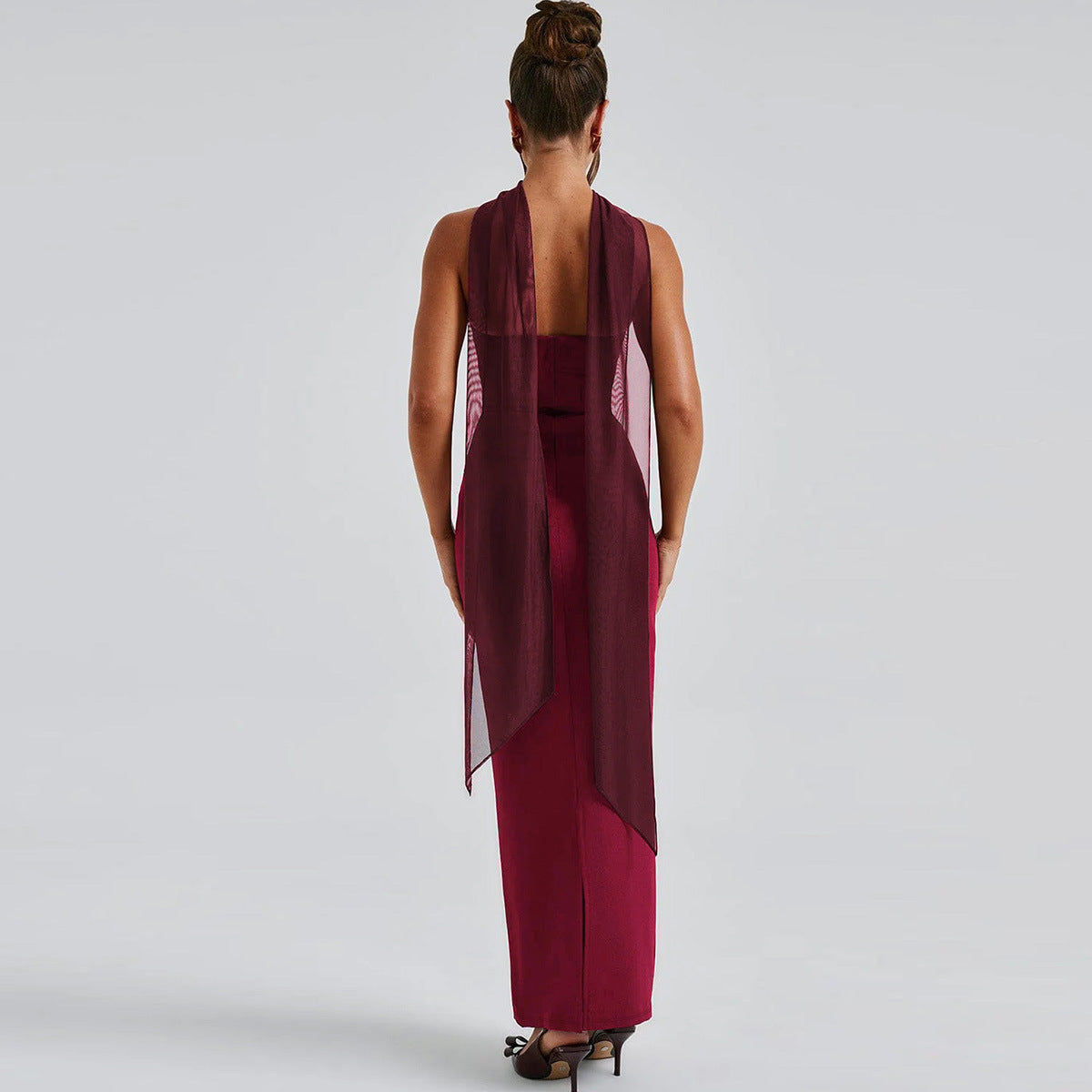 Scarf Tie Strapless Maxi Dress - Column Gown with Mesh Gloves