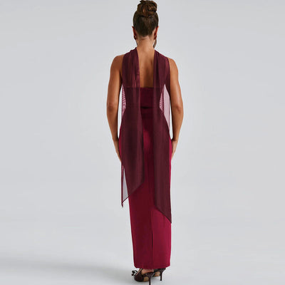 Scarf Tie Strapless Maxi Dress - Column Gown with Mesh Gloves