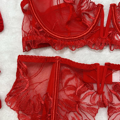 Red sheer floral lace lingerie set top with underwire cups and scalloped lace hem.