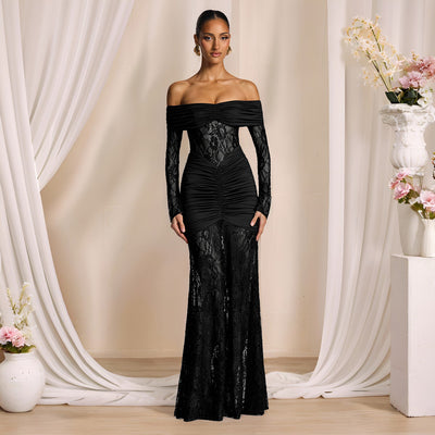 Off-Shoulder Bodycon Dress - Lace Long Sleeve Gown - Fashions Envy