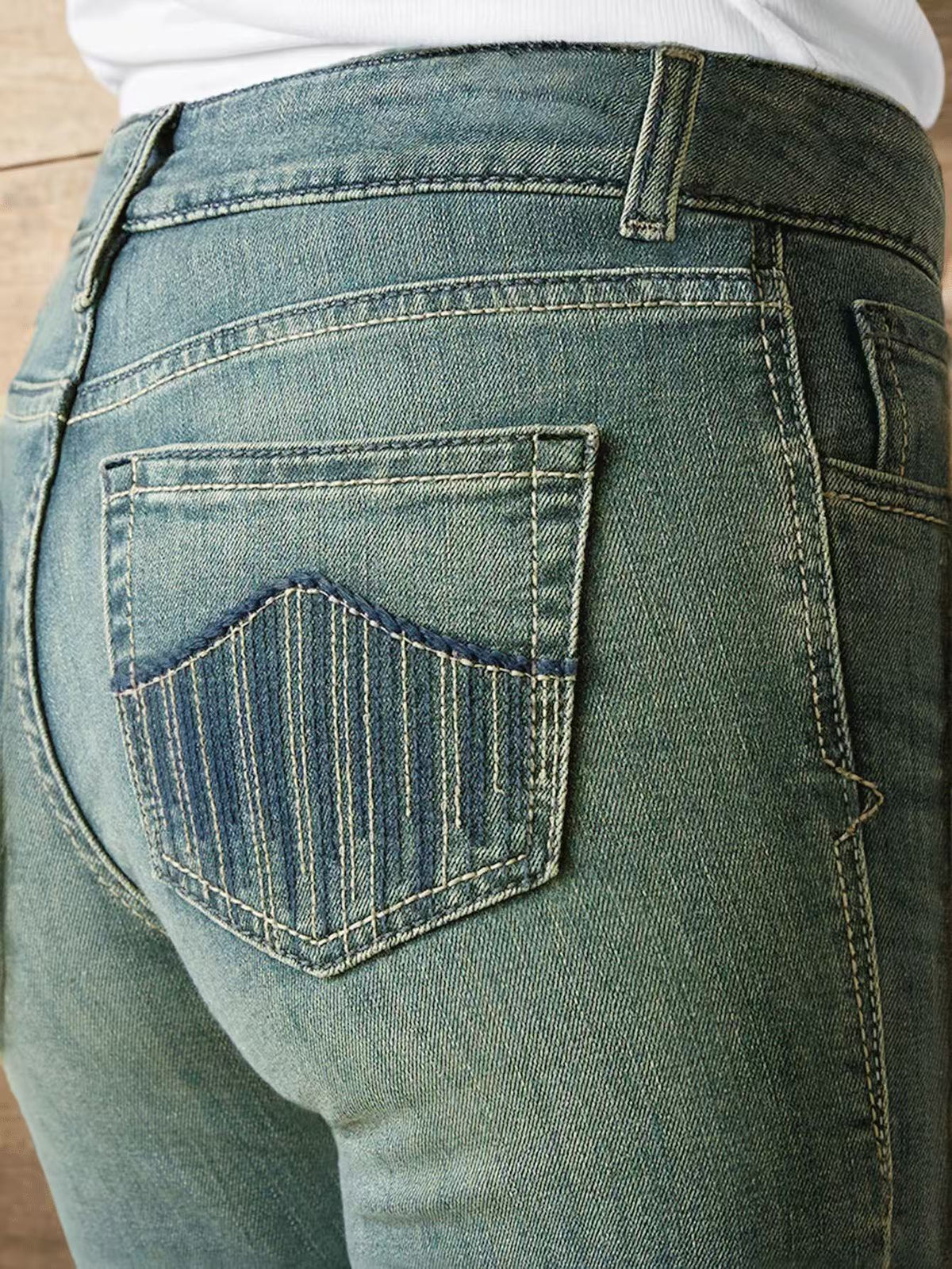 Retro Flare Jeans - Striped Back Pockets & Belt Loops