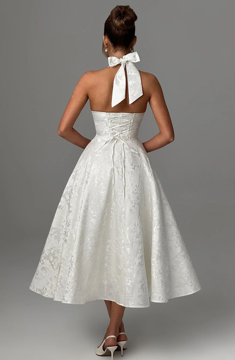 Jacquard Halter Midi Dress - Deep V Corset Waist A-Line Skirt