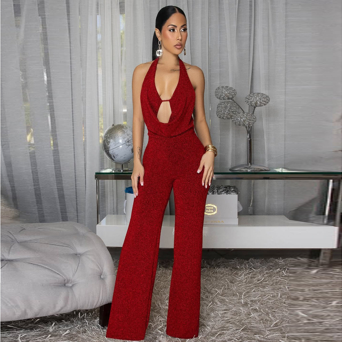 Red Halter Tie Backless Jumpsuit - Deep V Keyhole Wide Leg Flare