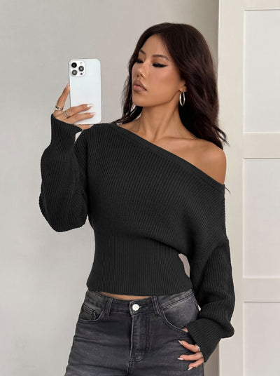 Off-Shoulder Knit Sweater - Wide Ribbed Waist Pullover