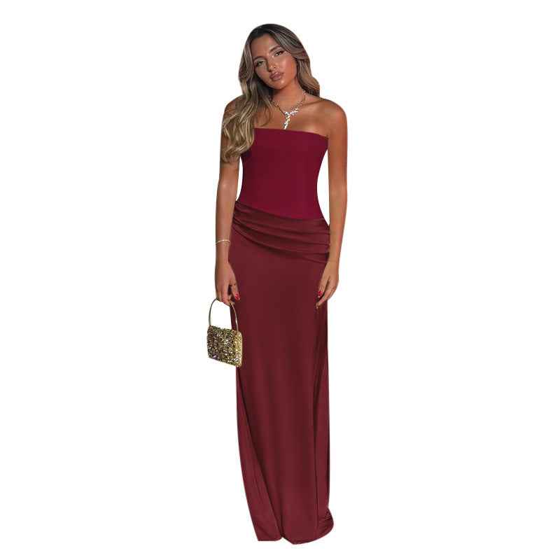 Burgundy Strapless Satin Maxi Dress - Slim Fit Prom Gown
