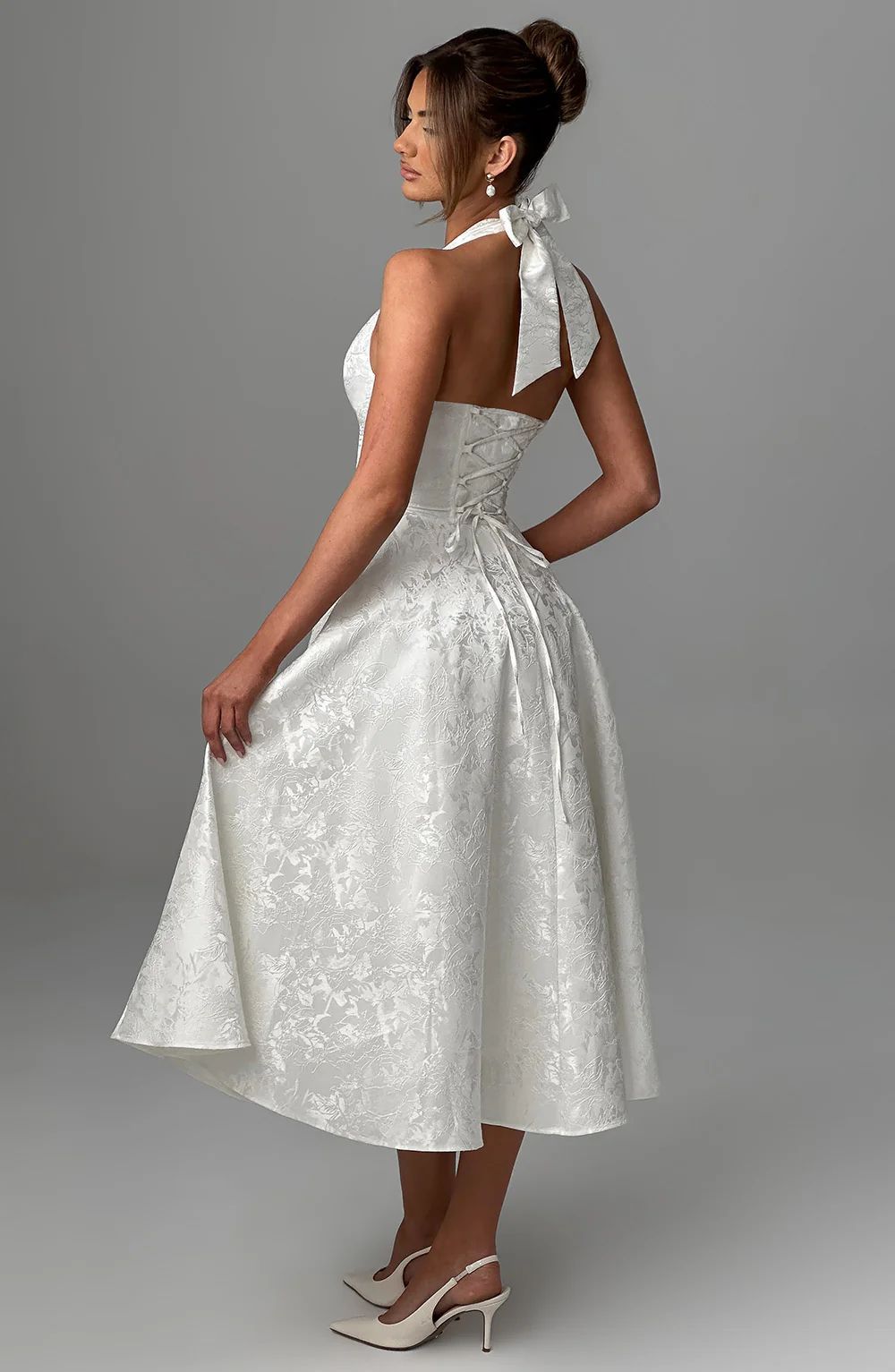 Jacquard Halter Midi Dress - Deep V Corset Waist A-Line Skirt