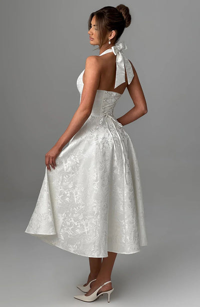 Jacquard Halter Midi Dress - Deep V Corset Waist A-Line Skirt