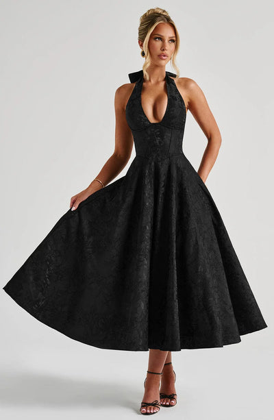 Jacquard Halter Midi Dress - Deep V Corset Waist A-Line Skirt
