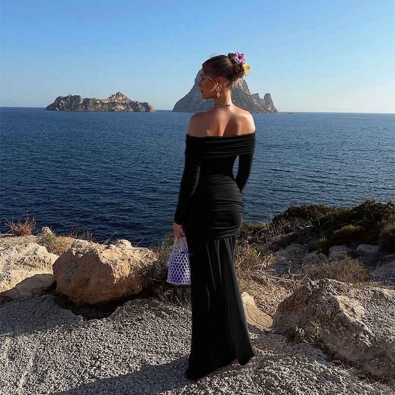 Off Shoulder Mesh Maxi Dress - Long Sleeve Bodycon Gown