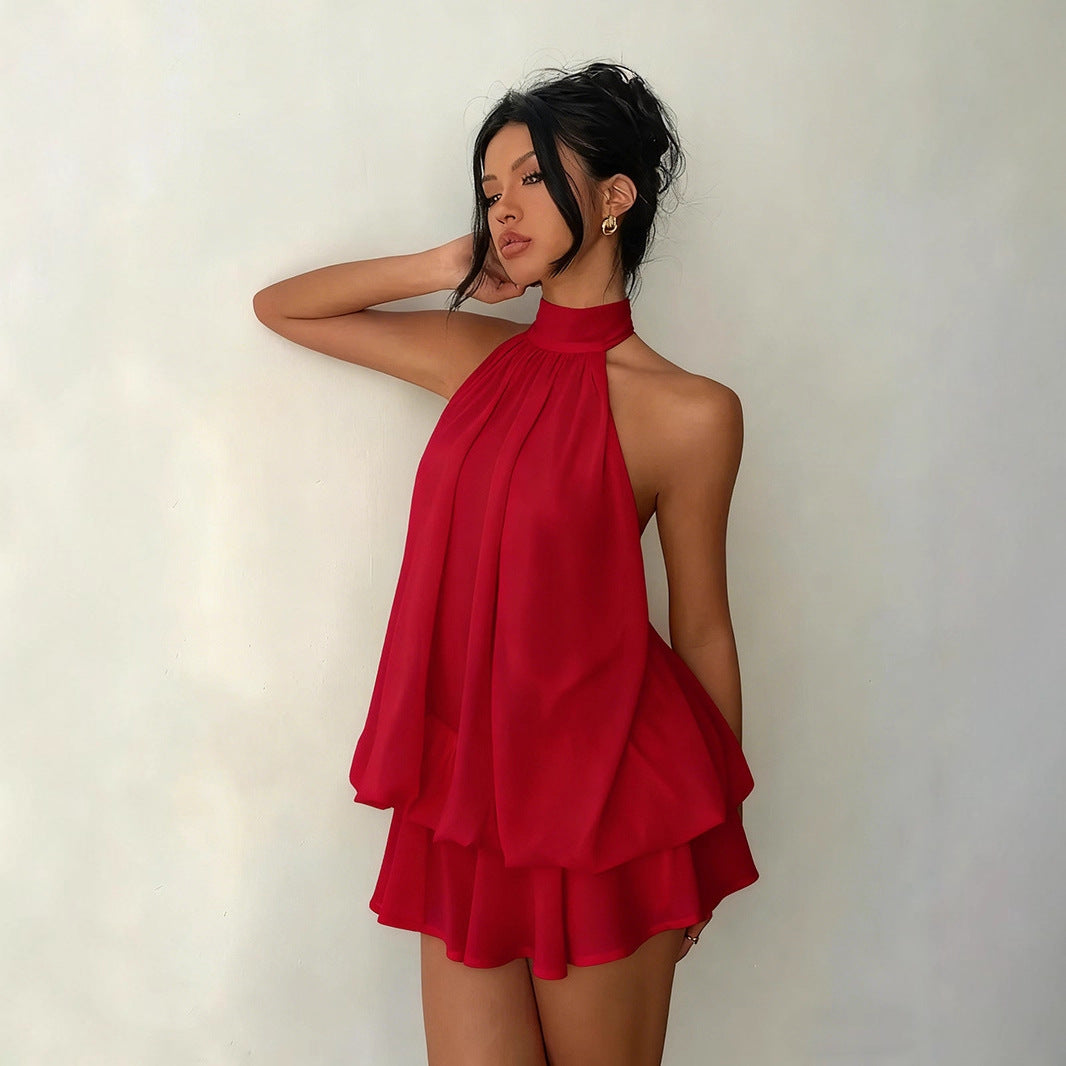 Backless Halter Neck Tiered Mini Dress - Chiffon Vacation Dress