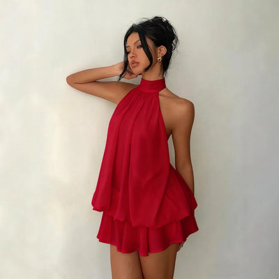 Backless Halter Neck Tiered Mini Dress - Chiffon Vacation Dress