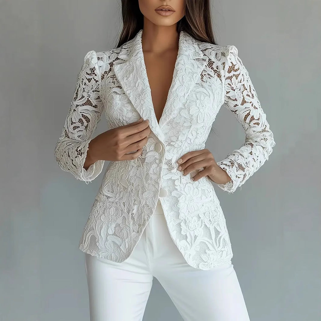 Fashionable Casual Elegant Lace V-Neck Sheer Blazer for Women