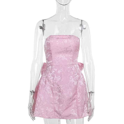 Jacquard Strapless Bow Mini Dress - A-Line Prom Gown