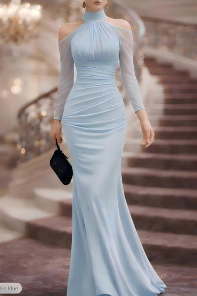 Light blue sheer long-sleeve evening gown with high halter neck and ruched fitted skirt