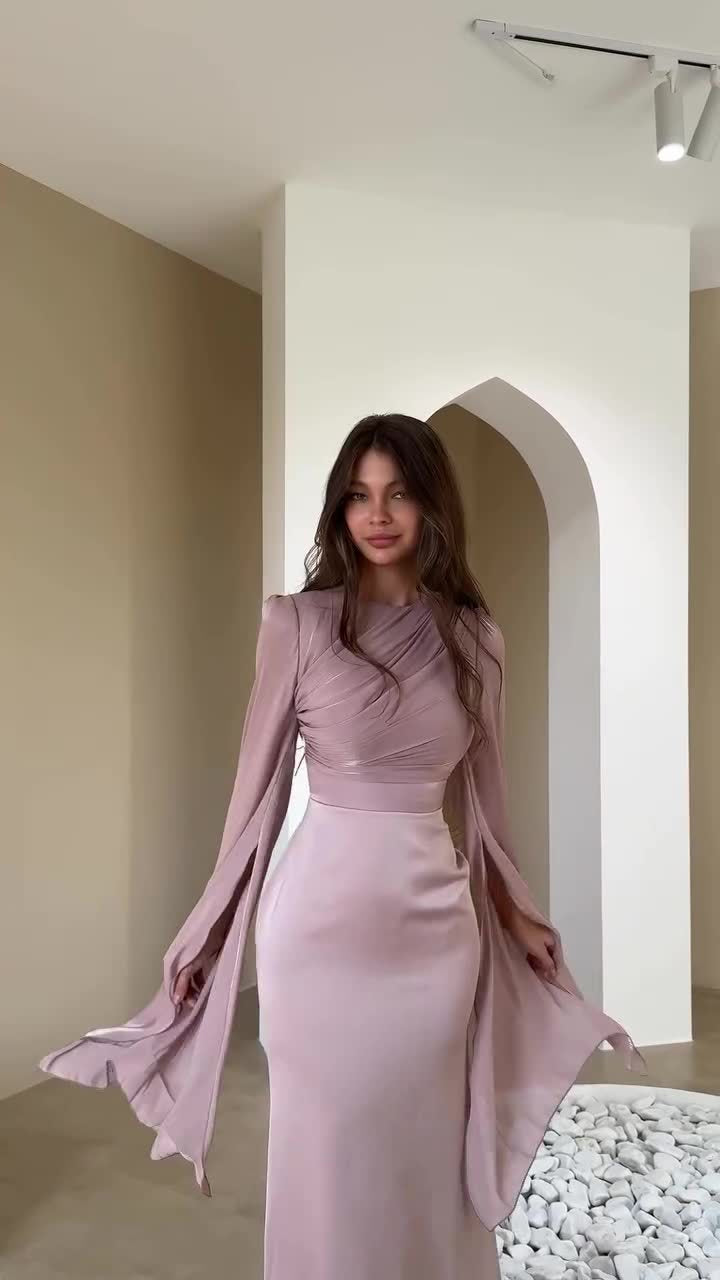 Long Sleeve Maxi Dress - Draped Bodice and Split Sleeves