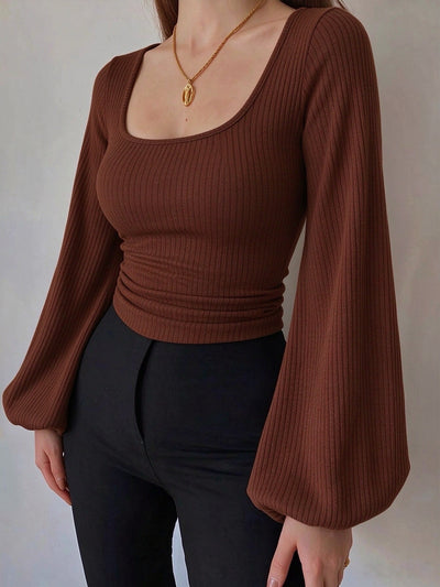 Brown square-neck ribbed knit top with puff lantern long sleeves and fitted waist