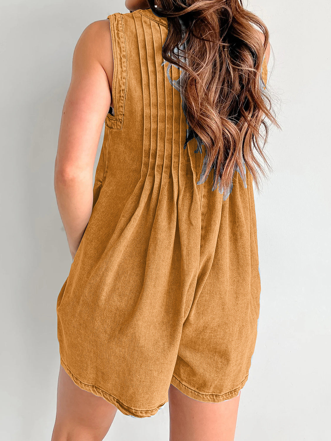V-neck Pleated Tied Romper with Pockets