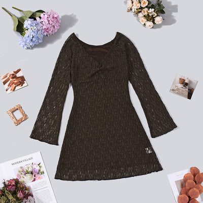 Lace Mini Dress - V-Neck Long Sleeve Brown Bodycon