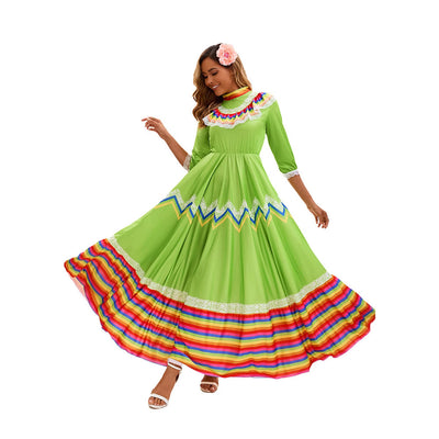 Folkloric Maxi Skirt Costume Dress - Rainbow Stripe Ruffle Hem