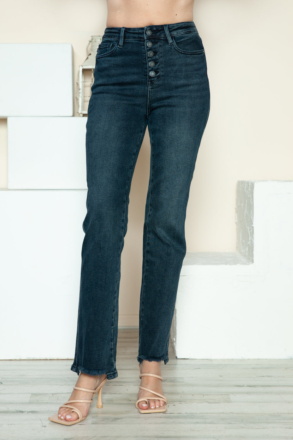 Judy Blue Full Size Button Fly Hem Destroy Straight Jeans - Fashions Envy