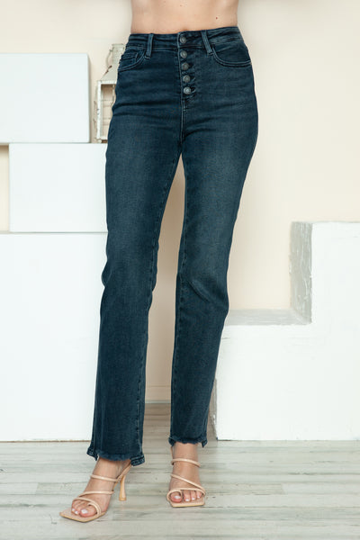 Judy Blue Full Size Button Fly Hem Destroy Straight Jeans - Fashions Envy