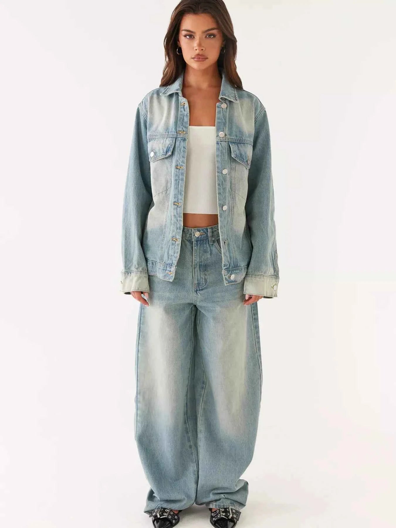 Button Up Denim Jacket and Jeans Set