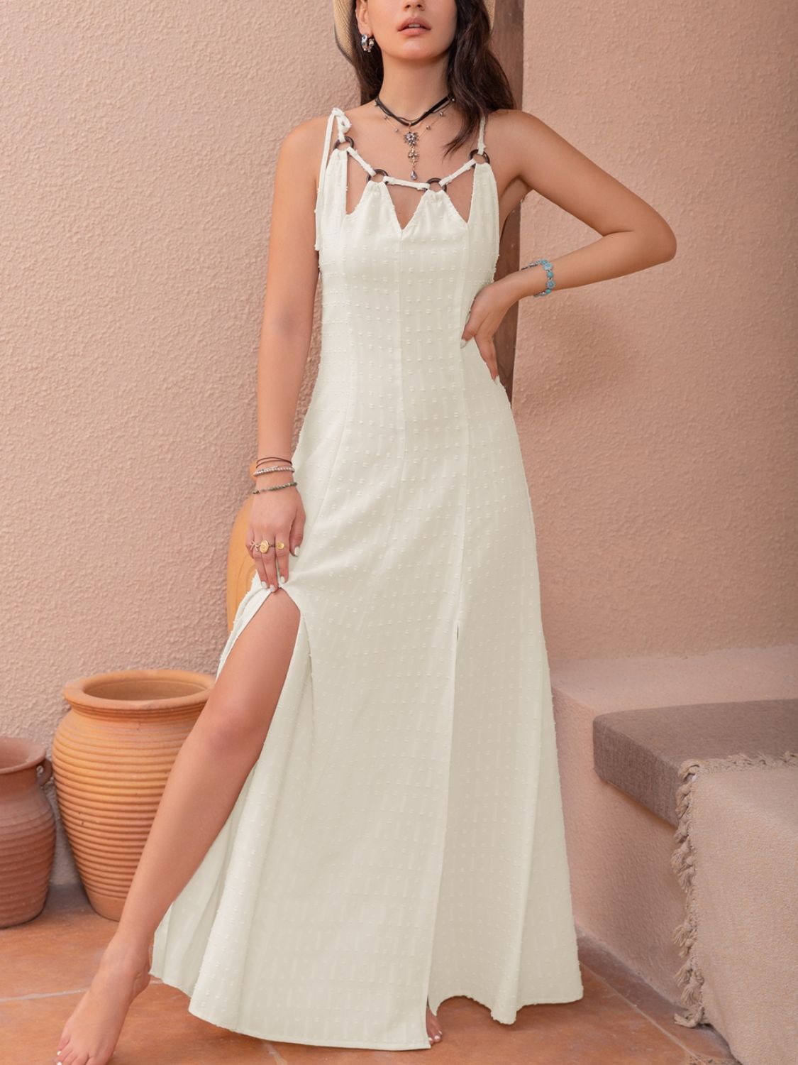 Beige Swiss Dot Cutout Sleeveless Maxi Dress - Fashions Envy