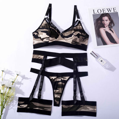 Printed Garter Lingerie Set - Strappy Bra And Thigh Bands