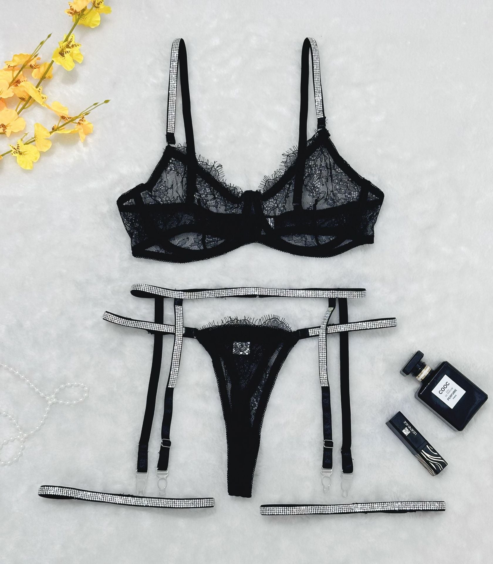 Lace Lingerie Set - 4 Piece Rhinestone Garter Belt - Fashions Envy