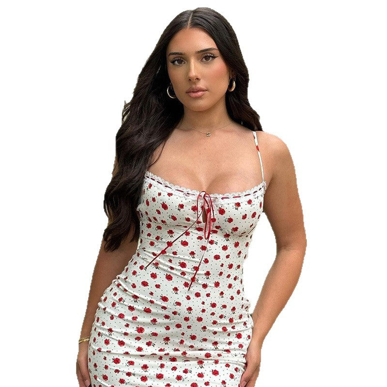 Style Women's Sweetheart One-Shoulder Lace Hem Floral Print Strapless Dress