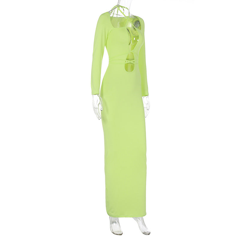 Yellow green lace-up cutout bodycon maxi dress with long sleeves and cross-strap detail