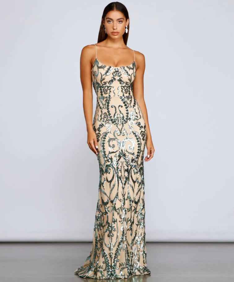 Green Sequin Maxi Dress - Emerald U-Neck Floor Length Gown
