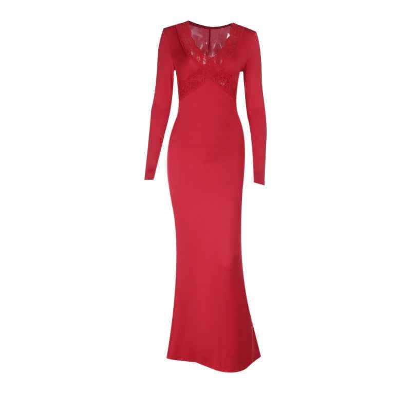 Lace Patchwork Maxi Dress - Red Long Sleeve Bodycon