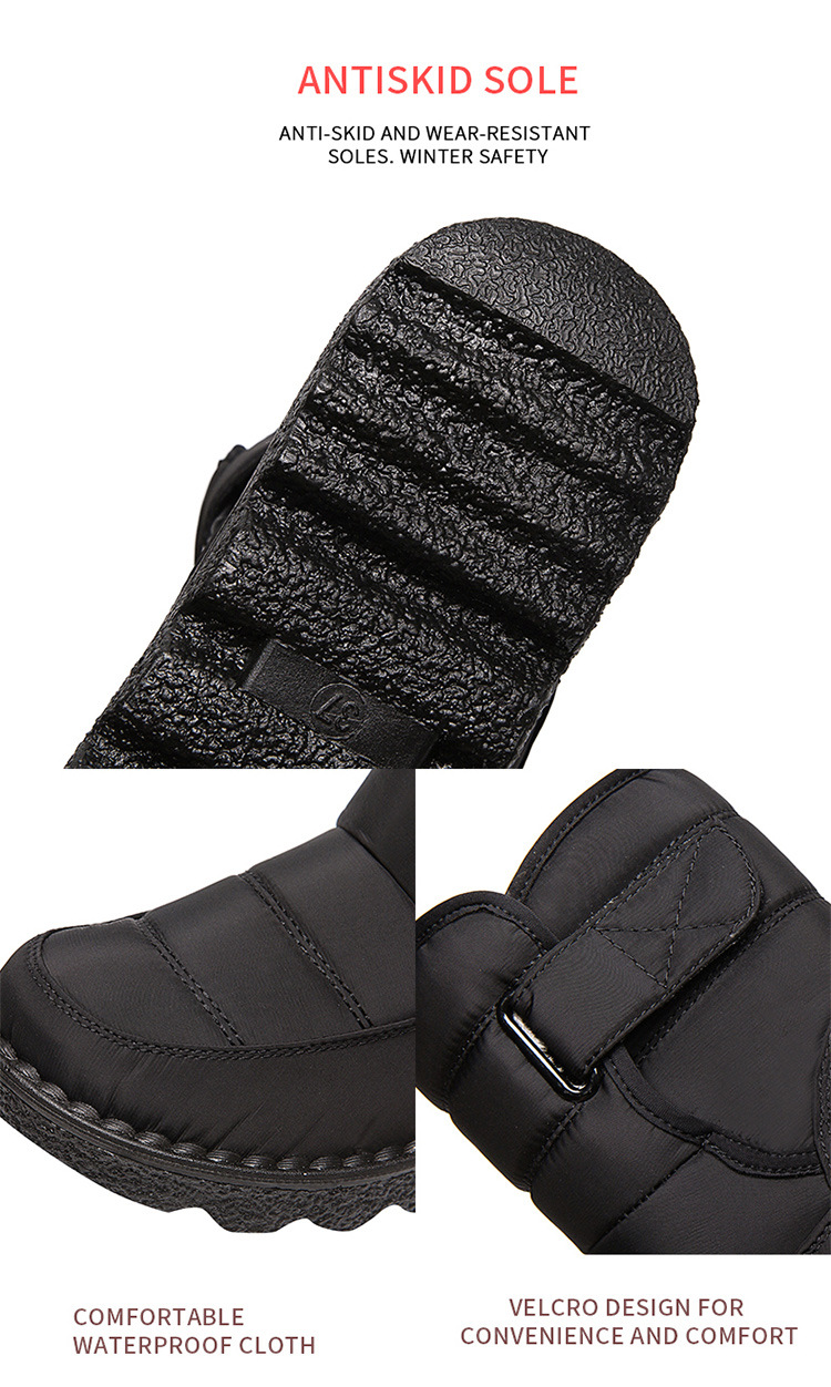 Black winter ankle boot detail: textured antiskid sole and hook-and-loop strap.