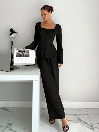 Black wide-leg pants set with shaped top and flared sleeves, loose wide-leg fit