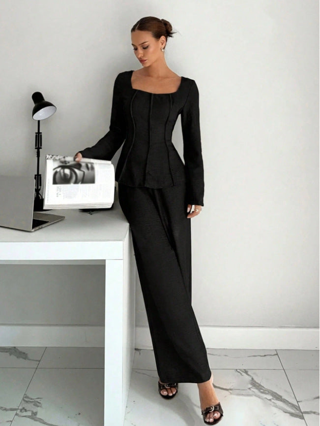 Black wide-leg pants set with shaped top and flared sleeves, loose wide-leg fit