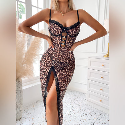Sexy Leopard Print Sheer Strapless Dress with Lace Hem and Slit for Women