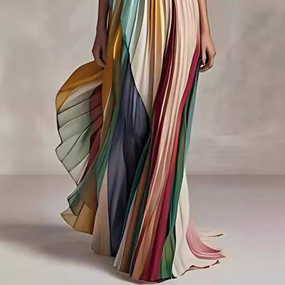 Strapless Color-Block Prom Gown - High Waist Printed Dress
