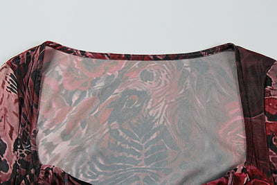 Back mesh panel detail with mixed print in dark rose and black