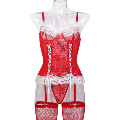 Red lace bodysuit lingerie with white lace trim, suspender straps, and thong