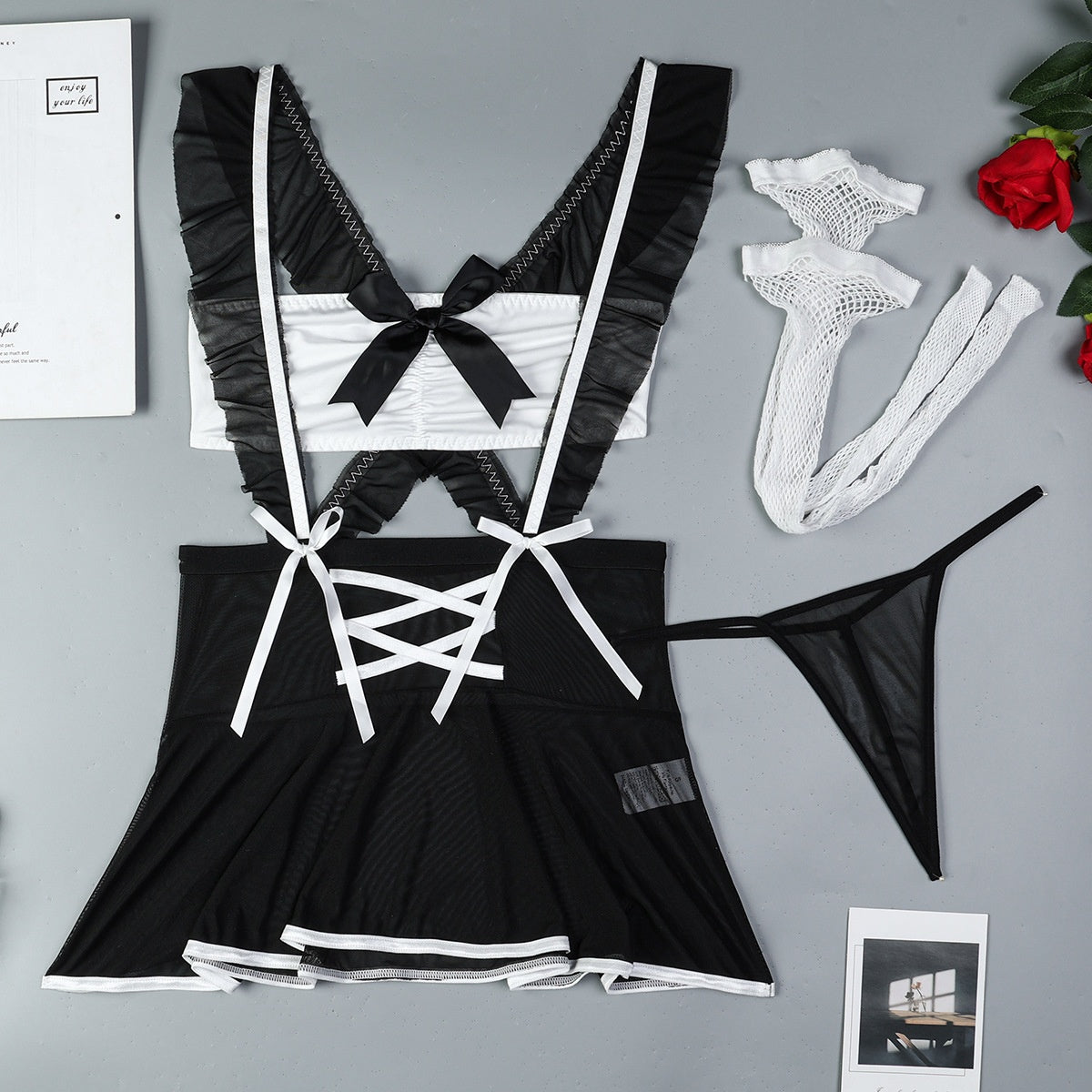 European and American Style Sheer Netting Cute Maid Bondage Crossed Wrap Top Erotic Lingerie Four-Piece Set