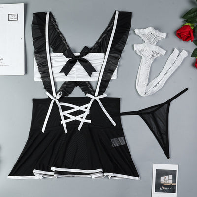 European and American Style Sheer Netting Cute Maid Bondage Crossed Wrap Top Erotic Lingerie Four-Piece Set