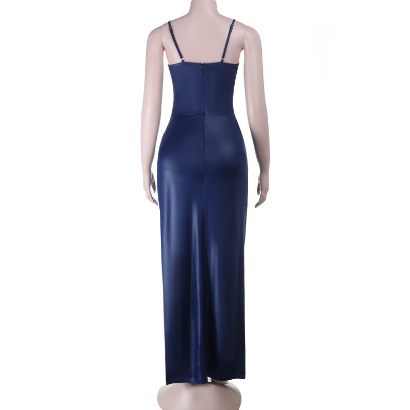 V-Neck Cinched Waist Maxi Dress - Sleeveless Hip Sculpting